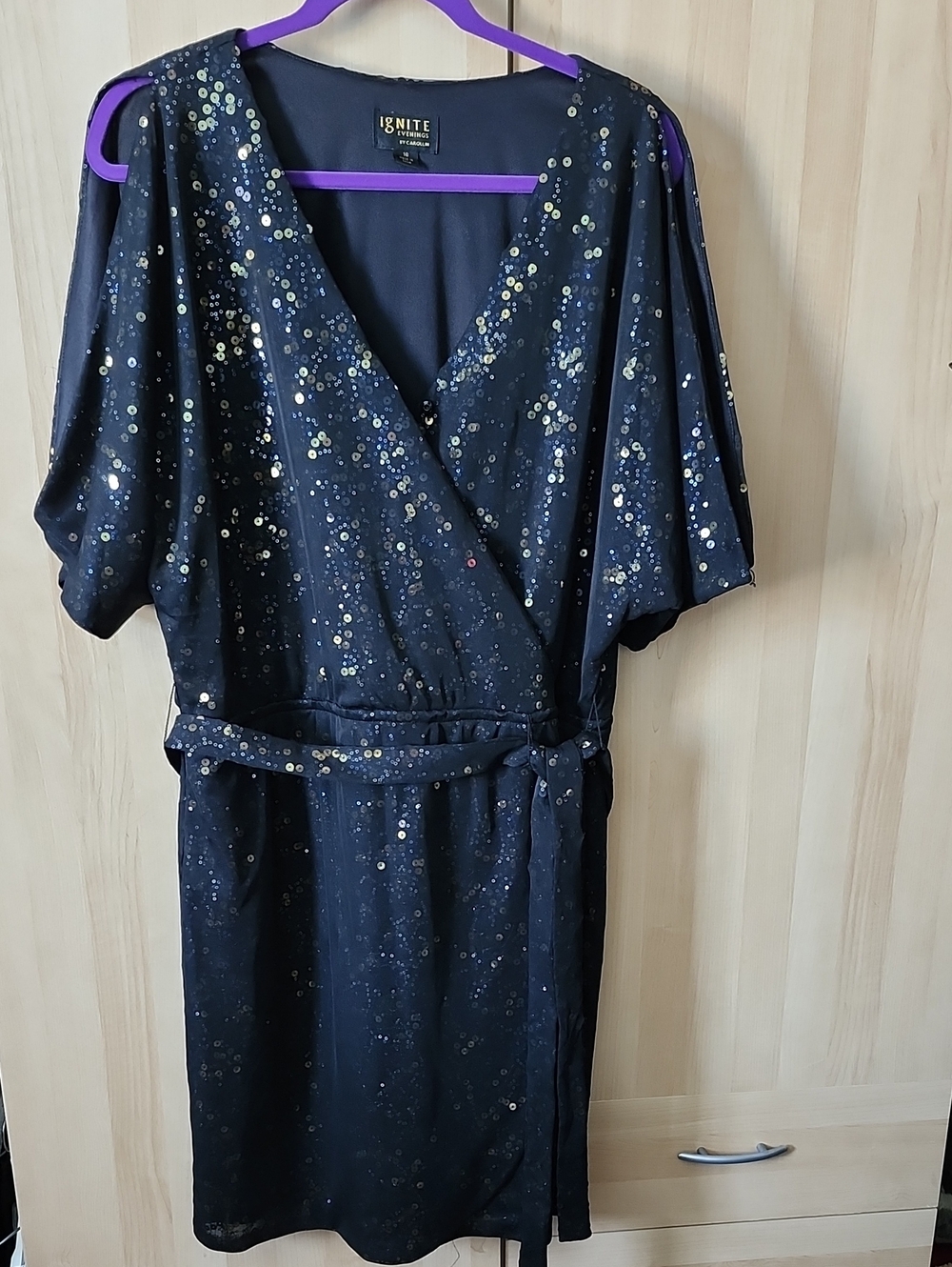 Ignite Black Surplice Wrap Bodice Midi Dress w/Metallic Sequins